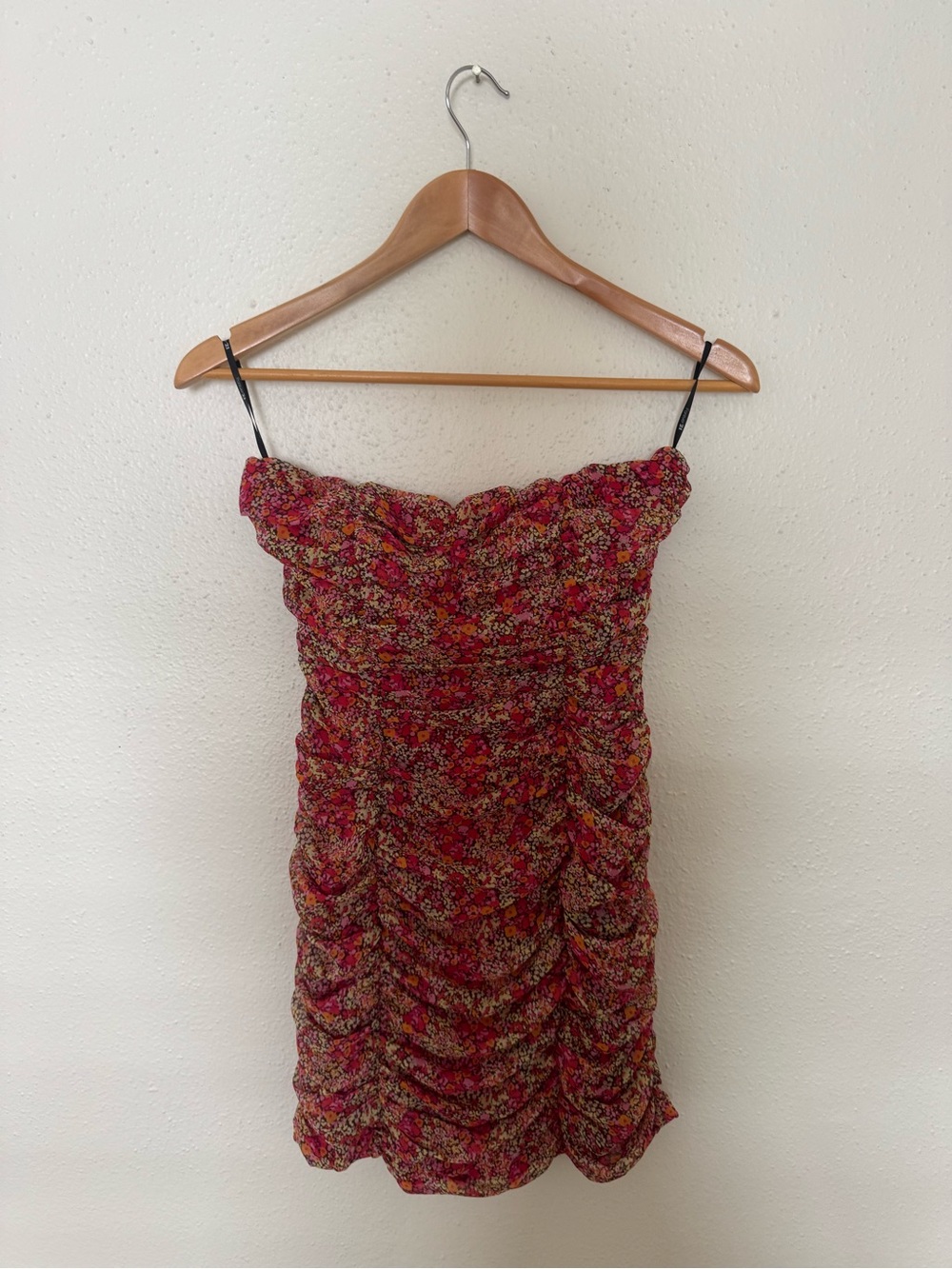 Vintage Forever 21 Red and Pink Ruched Floral Mini Dress